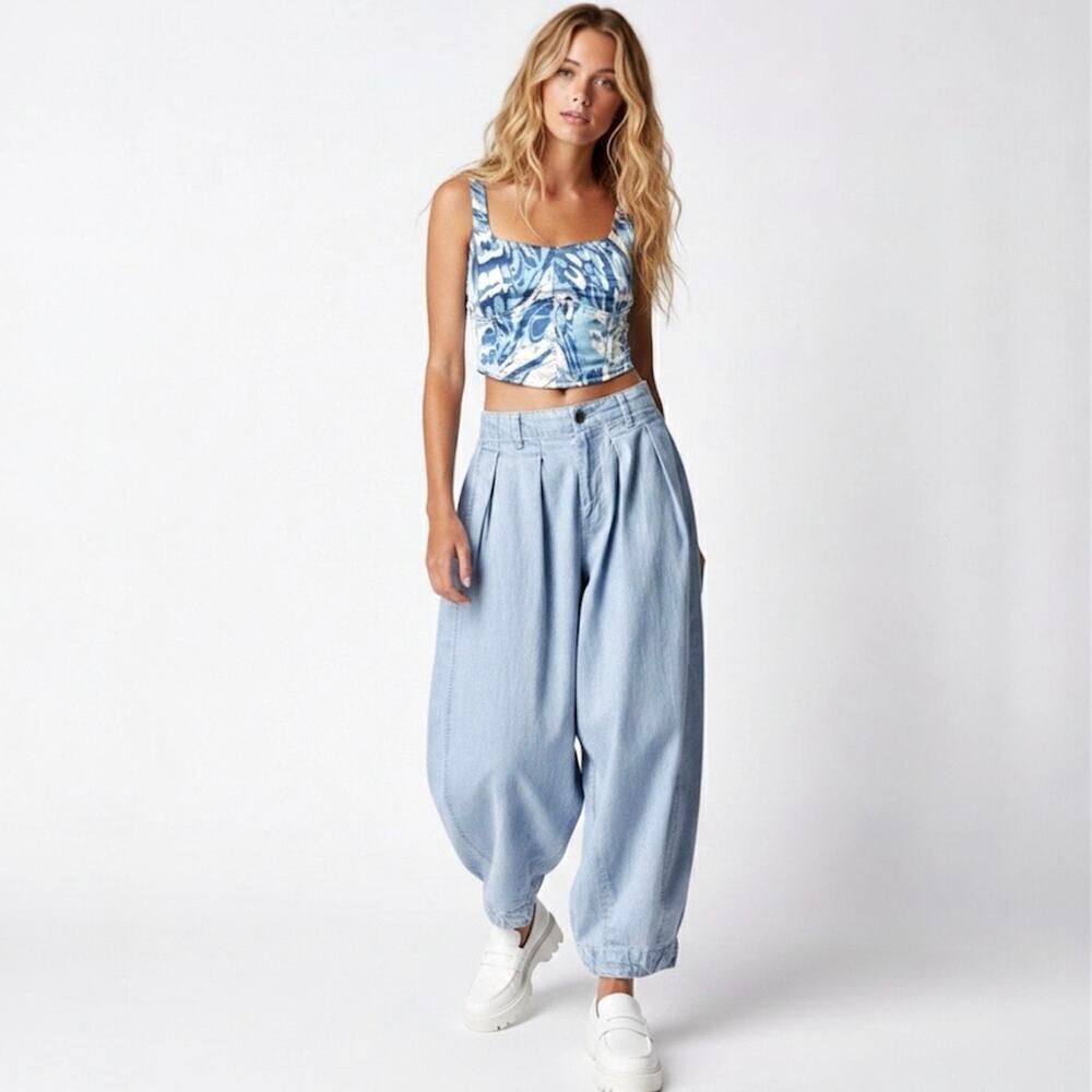House of Harlow 1960 Blue Swirl Satin Smocked Bustier Crop Corset Tank SZ Small